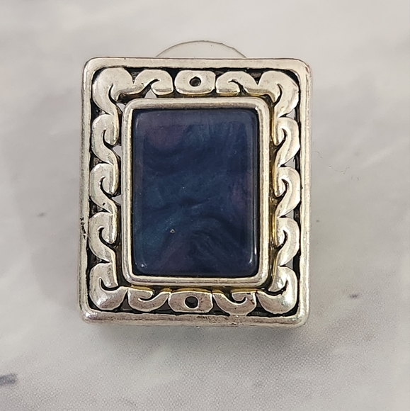 Silver and Blue Stone rectangle Framed Earrings - Picture 2 of 4